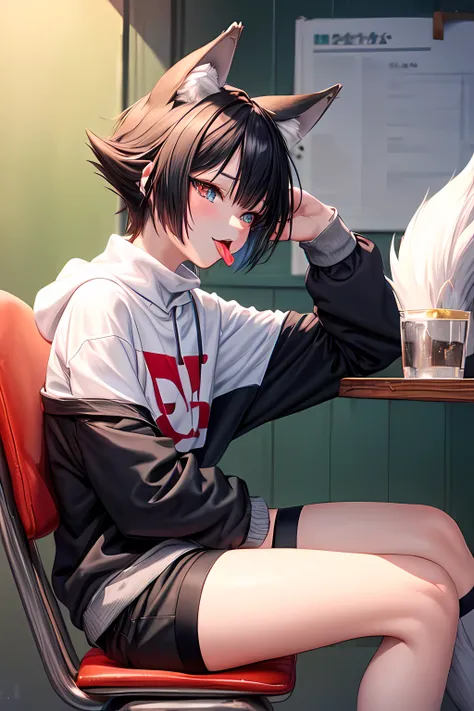 ((best quality)), ((masterpiece)), (detailed), perfect face, masterpiece, best quality, anime, Sora, ((Boy)), cute, Turtleneck with white stripes, Hoodie off-shoulder,. Sideview, ((Red and Grey eyelack Wolf tail and ears)), ((Really fluffy tail)) Cute expr...