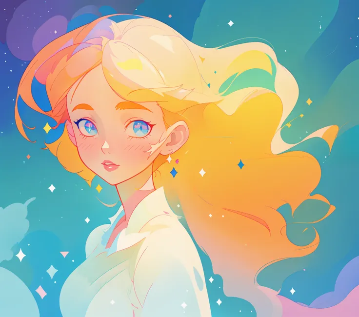 beautiful girl, flowing white gown, vibrant pastel colors, (colorful), magical lights, long flowing golden hair, inspired by gle...