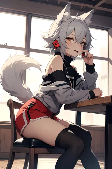 ((best quality)), ((masterpiece)), (detailed),  masterpiece, best quality, anime, Sora, ((Boy)), cute, Turtleneck with white stripes, Hoodie off-shoulder,. Sideview, ((Red and Grey eyelack Wolf tail and ears)), ((Really fluffy tail)) Cute expression, Black...