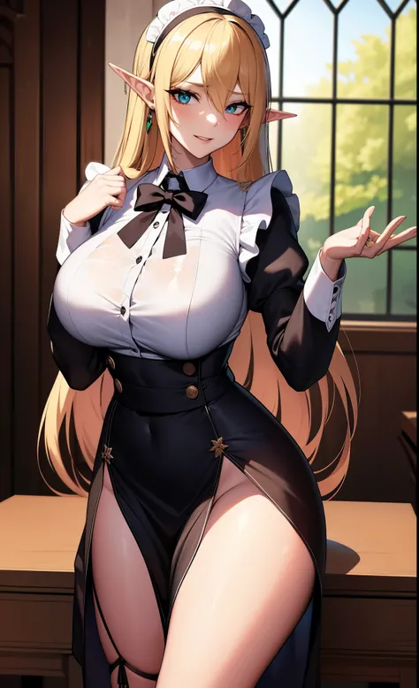 a woman, beautiful elf woman, tall, thin, slender body, slender, adult, Erina Nakiri, maid, French maid, long hair, blonde hair, straight hair with curled ends, pointed ears, wearing a long silver earring in her ear , her eyes were emerald green, her face ...