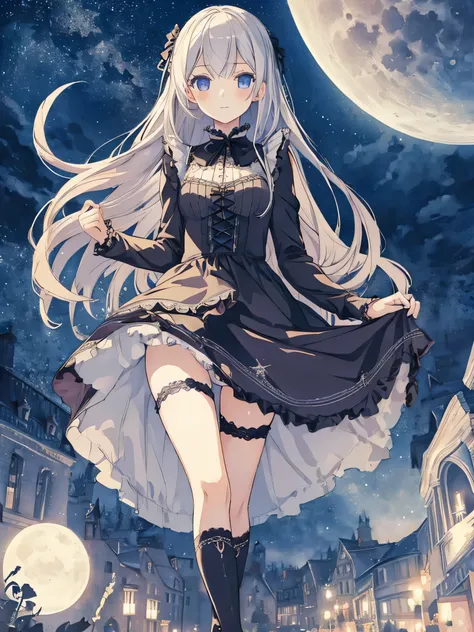 masterpiece, highest quality, figure, 1 girl, gothic dress, cute face, lonely, Night sky with stars and moon, long hair, skirt lift, show off panties