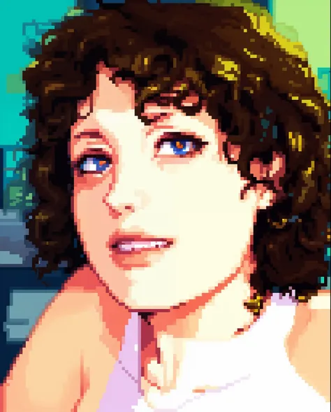 ms art of a woman with curly hair looking up,  (dark shorter curly hair), ms paint, pixel art