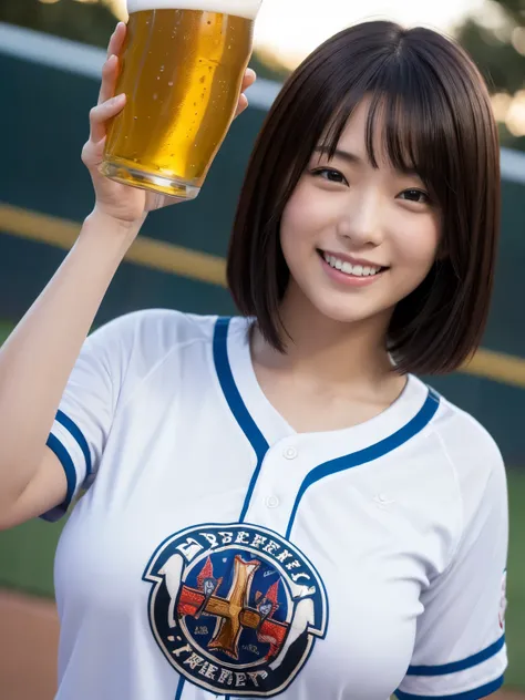 (((drinking beer, detail))), Japanese plump lady, ((gigantic breasts)), 20 year old, ((smile)), short hair, baseball_shirt, exasperated:1.8, (upper body:1.1), closed shot, high quality:1.3, shoot from below 2.0, Professional lighting:2.0 realistic:1.2, 4k ...