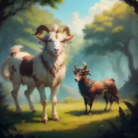 a close up of a goat with horns standing in the grass, with horns, a Minotaur wolf, Tauren, attractive tiefling druid, satire, horned, bull, Animal horn, horned god, Minotaur, girl design lush horns, charming tiefling druid, creatures from the deep jungle,...