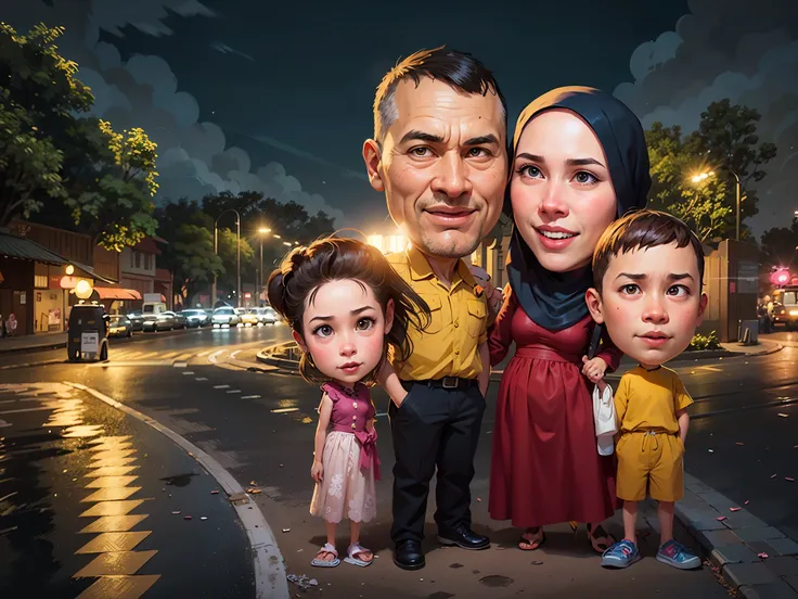 cartoon of a family of three standing in a street at night, caricature illustration, an indonesian family portrait, caricature style, happy family, in cartoon style, caricature, potrait, family portrait, in city street, caricature!!!, cartoon portrait, car...