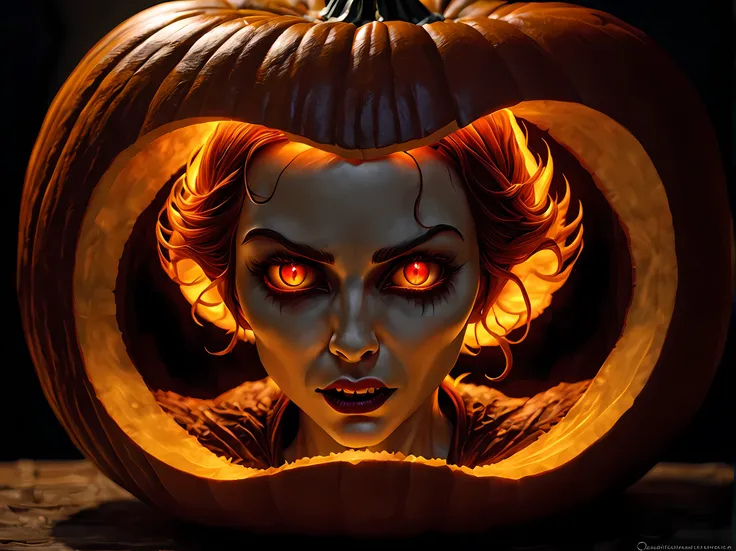 Pumpkin carved art of female vampire carved from pumpkin, glowing red eyes, reflection light, high details, best quality, 16k, [ultra detailed], masterpiece, best quality, (extremely detailed), close up, ultra wide shot, photorealistic, RAW, fantasy art, d...