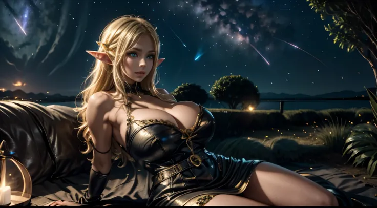 huge meteor in midnight, female elf looking at the meteor at opened field, detailed short dress, gigantic breasts, cleavage, small waist, thick thighs, giga_busty, detailed elf ear, long wavy blonde hair, 