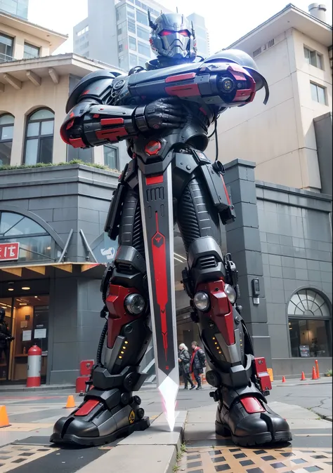 Fantasy cyberpunk world，1 Mechanical Miracle，Robots defend world order；Samurai mechanical armor，Equip transparent weapons，Streamlined black and red design，wearing in black cloak，A big part of a 1-person robot，Art of the highest quality，8K ultra-high resolu...