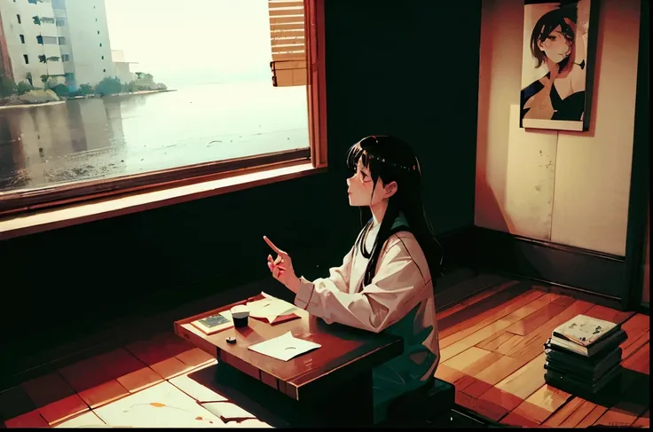 A woman sitting at a desk with a book and a lamp, rain, anime atmosphere, Rain aesthetics, raining outside, Wet day, On a rainy afternoon, Wet dayの外, erogeo art style, anime aesthetics, lofi girl, Artistic. alena aenami, anime atmosphere, arte lofi, anime ...