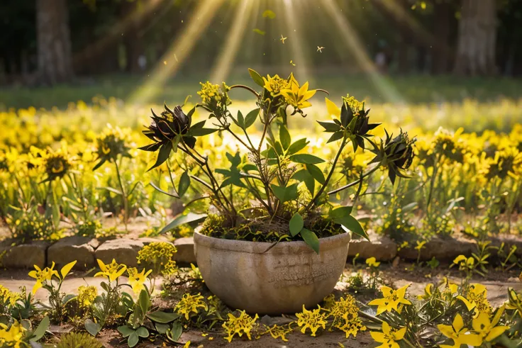 Create an illustration that (((depicts St. Johns wort))) as a source of healing and light. Draw a stylized St. Johns wort plant with vibrant {yellow flowers}, surrounded by golden sunbeams. Around the plant, draw small cholesterol particles [being lit up a...