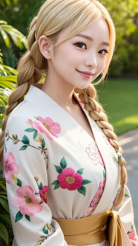 blonde kimono beauty、fancy floral kimono、My cute girlfriend is a kimono model.、brown eyes、Beautiful smile、he is short、Braid、hair ornaments、Colorful and flashy kimono、