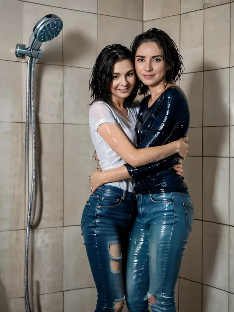(((30 year old man and woman taking a shower))), skinny jeans, (Water-soaked clothing:1.17), (Best Quality,high resolution,bokeh:1.2),Pronounced wrinkles,Bob haircut,Detailed eyes and face, tshirt, (standing:1.0),(gloomy ecstasy:1.1), Posing, standing in a...