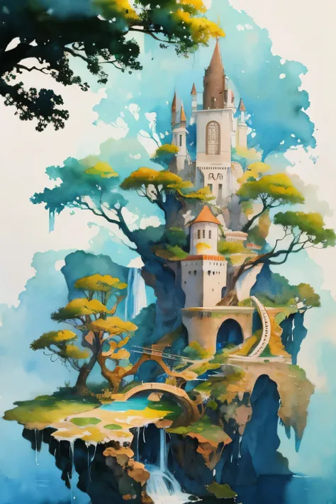 -watercolor, tree, no humans, landscape, waterfall, water, castle, bird, fantasy