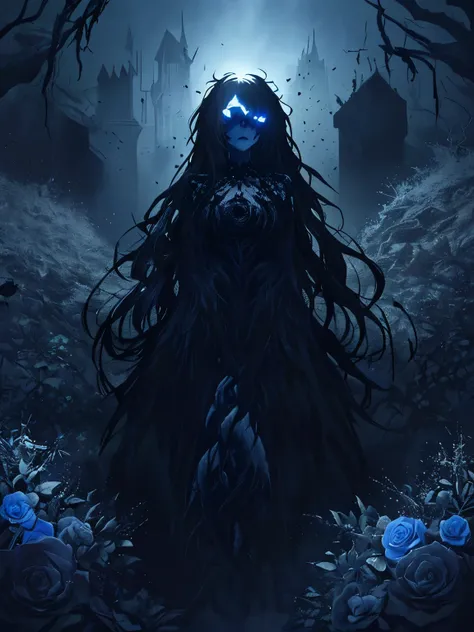 (masterpiece,best quality,ultra-detailed),1girl,pale skin, beautiful,black hair,messy hair, thick hair,black clothes,dark ambient,((monster girl)),(shadow theme),(((black dust theme))),night, starry sky,flowers,dark blue roses