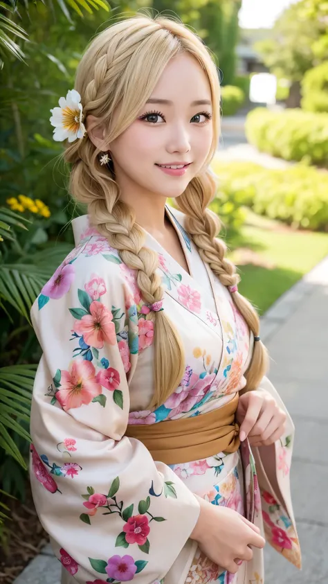 blonde kimono beauty、fancy floral kimono、My cute girlfriend is a kimono model.、brown eyes、Beautiful smile、he is short、Braid、hair ornaments、Colorful and flashy kimono、