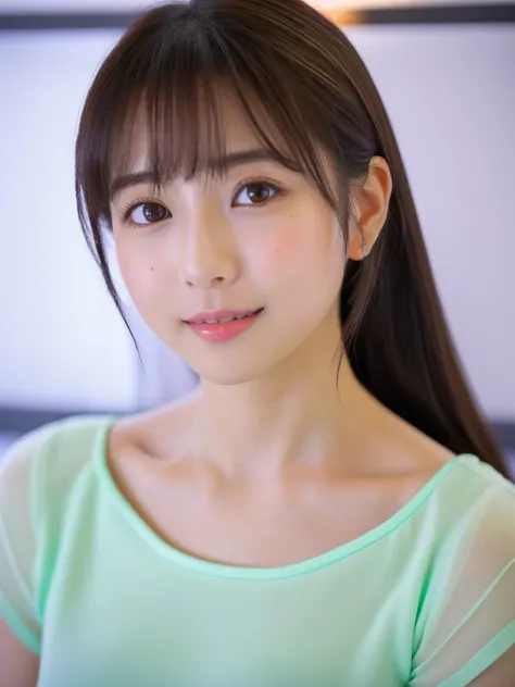 ((cute日本の女の子、beautiful japanese girl、1 girl、clear、19 years old、ponytail、Highly detailed face and skin texture、refinement、super detailed face、highly detailed eyes、Lee Hong、blush、cheek、ピンクのcheekを塗ったcheek、close-up of woman、 from the neck up、 Close to the came...