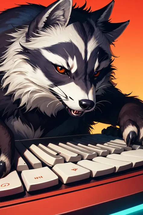 a close up of a raccoon on a keyboard with glowing eyes, a digital painting by Kanbun Master, reddit, furry art, digital fox, hackrobat!!!, hacker, racoon, jackal, cybercat, hypdertailed, hyperbeast design, discord profile picture, anthropomorphic racoon, ...