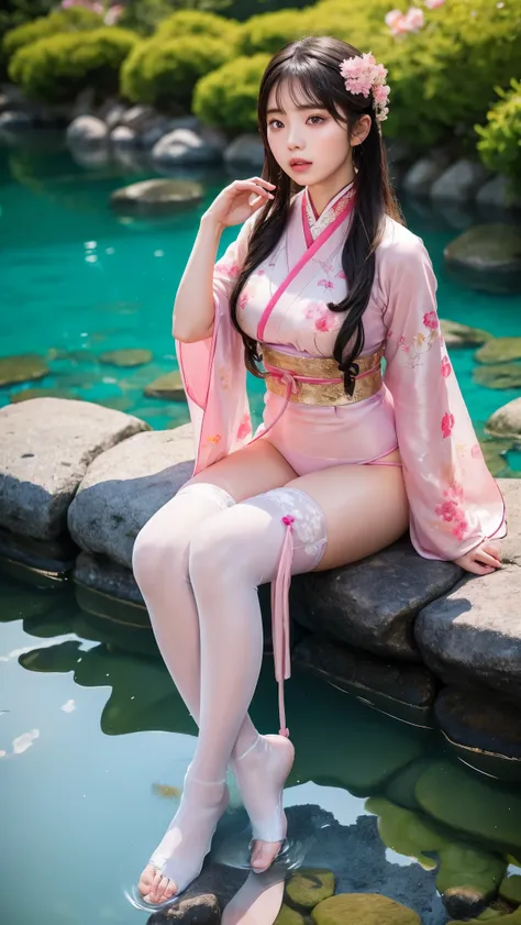 hanfu, 1girl, big breasts, cleavage, mountain, soaking feet, sitting, chinese park background, black thighhighs,clear water,(fee...