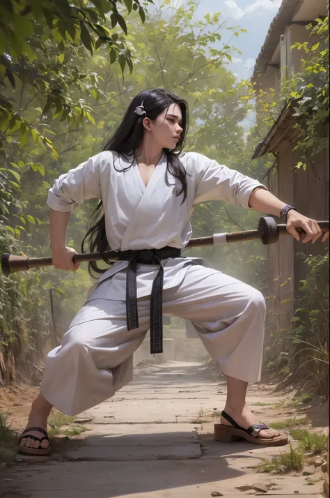 there was a Javanese  village,man , standing on the ground, 19 years old, black long hair,all white in silat clothes, wearing a white headband, white belt, holding a short axe, two hammers, long black hair, silat master, full body wuxia, doing silat moveme...