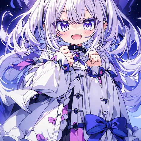 a 3'6 smol catgirl kid with white hair and violet eyes. the white hair has a small hint of violet in it too. she is very cute an...