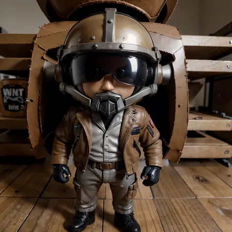 A ((funko figure)), male, with black short beard, wears a (hgu-33 pilot helmet), grey trousers, (ww2 pilot leather brown jacket)