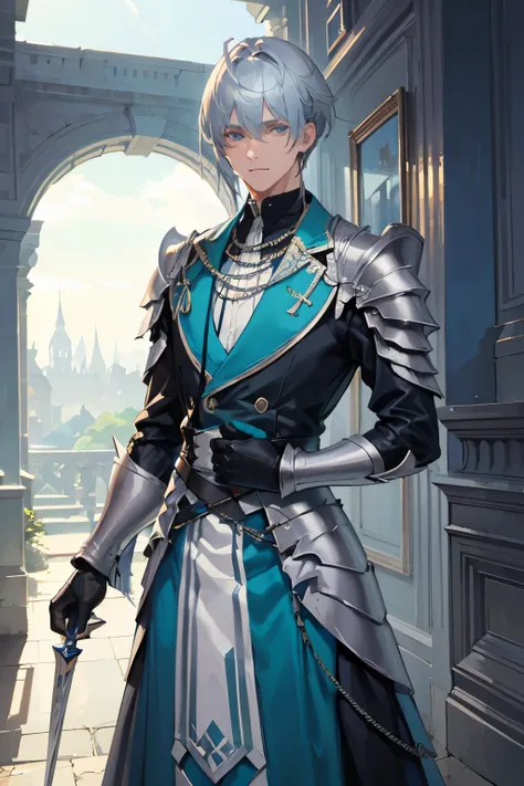 Male, shoulder lenght grey hair, handsome, blue and green eyes, tall, wolfcut hairstyle, knight clothes, sword in hand, 