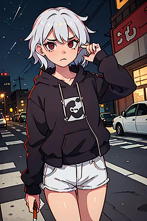 (best quality:0.8) perfect anime illustration, a pretty, depressed woman with scars on body short curly white hair on the street in the city, wearing a hoodie, smoking a cigarette, shorts, late at night, dim light, very pale skin, red eyes, dirty city, ang...