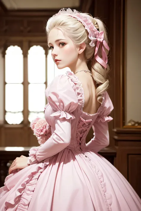 （In 8K, best quality, muste piece:1.2)、ultra high resolution、Marie Antoinette at 30 years old、ultra-detailed face,cute eyes,bright eyes、disorganized、frills、pink dress、incredibly gorgeous long dress,detailed hand fingers,middle ages,Victorian style,whole bo...