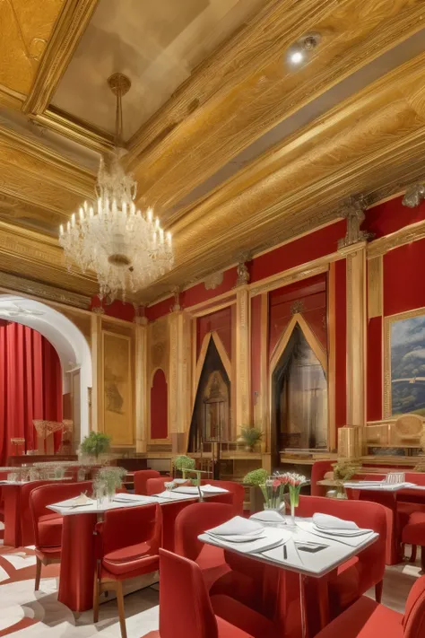 (red-themed, soviet, URSS, red decoration, interior with furniture, tables and chairs with yellow details) (best quality, ultra-detailed, realistic:1.37), vivid colors, portraits, studio lighting, warm color tone, soft lighting, communist restaurant, marbl...