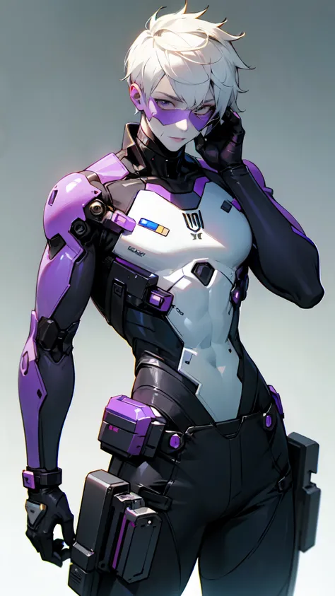 android boy, femboy, white and purple, 1boy, solo focus, casual pose, simple background, cyberpunk skinsuit 