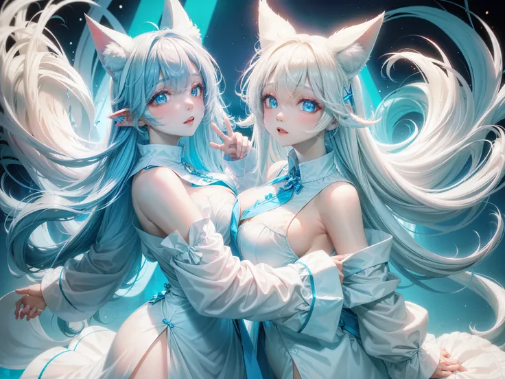 woman，White fox ears，white long curly hair，blue color eyelack dress，