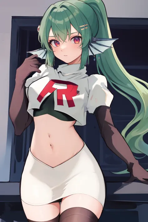 masterpiece, detailed, high quality, absurdres, finana, 1girl, solo, head fins, ponytail, green hair, navel, long hair, looking at viewer, cowboy shot, hair ornament, medium breasts, bangs, team rocket,team rocket uniform, red letter R, white skirt,white c...