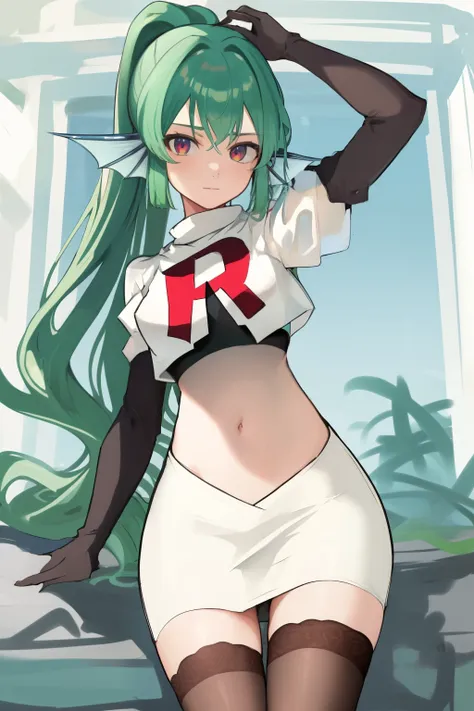 masterpiece, detailed, high quality, absurdres, finana, 1girl, solo, head fins, ponytail, green hair, navel, long hair, looking at viewer, cowboy shot, hair ornament, medium breasts, bangs, team rocket,team rocket uniform, red letter R, white skirt,white c...