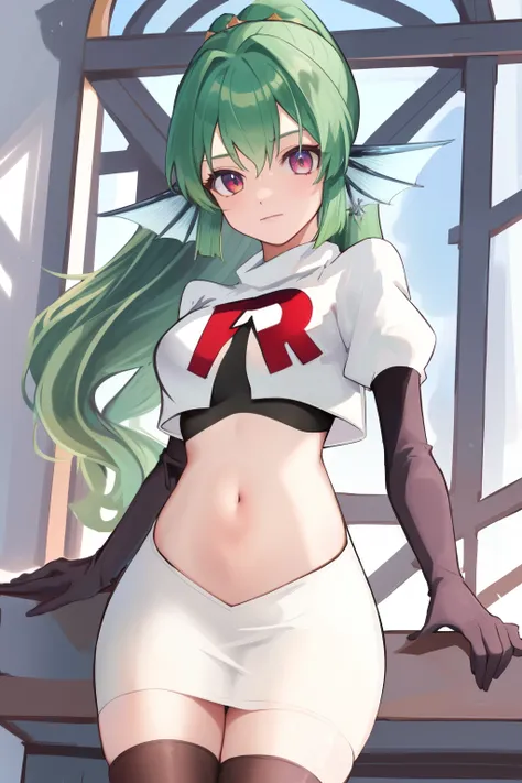 masterpiece, detailed, high quality, absurdres, finana, 1girl, solo, head fins, ponytail, green hair, navel, long hair, looking ...