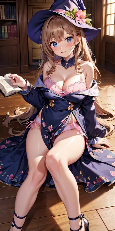 table top, highest quality, Highly detailed CG Unity 8K wallpaper, sexy witch , long dark blonde wavy hair、off shoulder knit, dark blue pleated skirt, medium milk, saggy breasts, cleavage, blush, shy smile, bare shoulders, (Pink floral panties、、Pink floral...