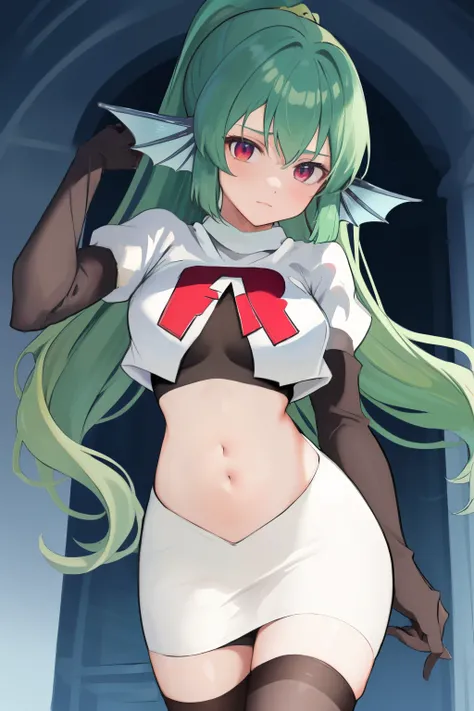 masterpiece, detailed, high quality, absurdres, finana, 1girl, solo, head fins, ponytail, green hair, navel, long hair, looking at viewer, cowboy shot, hair ornament, medium breasts, bangs, team rocket,team rocket uniform, red letter R, white skirt,white c...