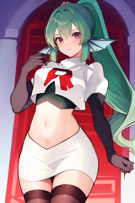 masterpiece, detailed, high quality, absurdres, finana, 1girl, solo, head fins, ponytail, green hair, navel, long hair, looking at viewer, cowboy shot, hair ornament, medium breasts, bangs, team rocket,team rocket uniform, red letter R, white skirt,white c...