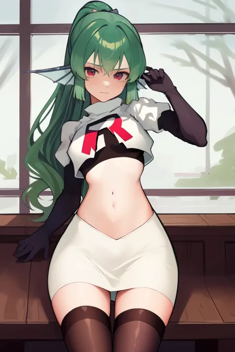 masterpiece, detailed, high quality, absurdres, finana, 1girl, solo, head fins, ponytail, green hair, navel, long hair, looking at viewer, cowboy shot, hair ornament, medium breasts, bangs, team rocket,team rocket uniform, red letter R, white skirt,white c...