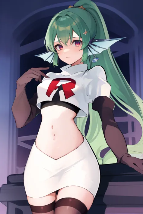 masterpiece, detailed, high quality, absurdres, finana, 1girl, solo, head fins, ponytail, green hair, navel, long hair, looking at viewer, cowboy shot, hair ornament, medium breasts, bangs, team rocket,team rocket uniform, red letter R, white skirt,white c...