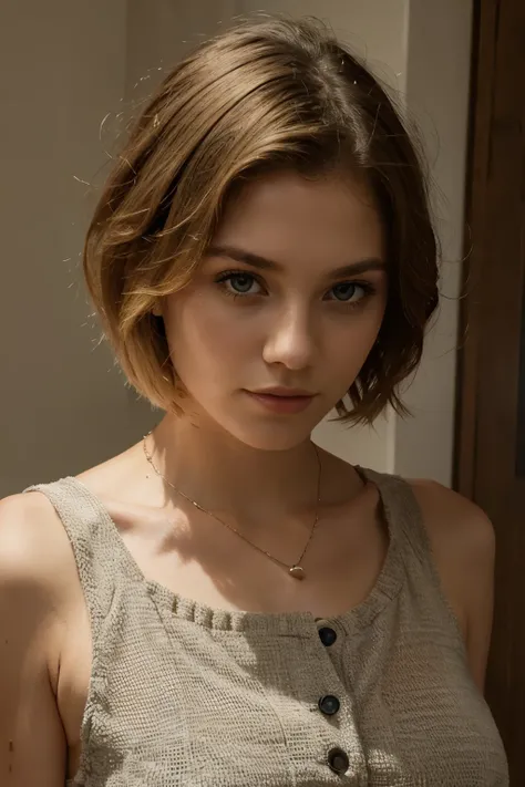 self confident young woman with short blond hair wearing a corsage