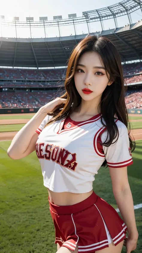 Beautiful girl, Korean makeup, Red lips, medium body, medium chest, femoral, baseball cheerleader outfit, jumping position, stadium landscape