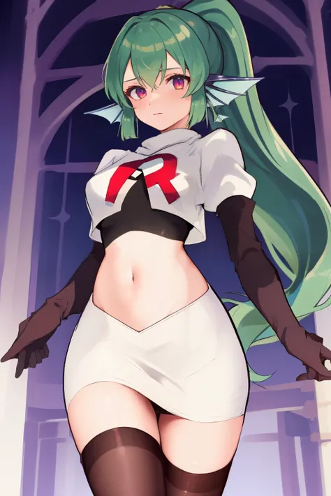 masterpiece, detailed, high quality, absurdres, finana, 1girl, solo, head fins, ponytail, green hair, navel, long hair, looking at viewer, cowboy shot, hair ornament, medium breasts, bangs, team rocket,team rocket uniform, red letter R, white skirt,white c...