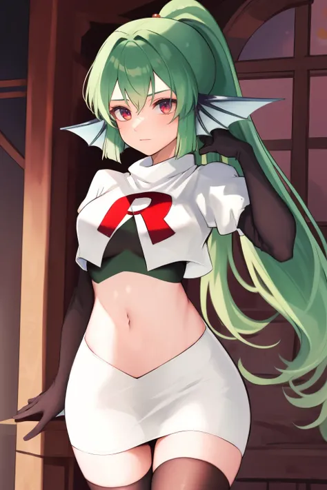 masterpiece, detailed, high quality, absurdres, finana, 1girl, solo, head fins, ponytail, green hair, navel, long hair, looking at viewer, cowboy shot, hair ornament, medium breasts, bangs, team rocket,team rocket uniform, red letter R, white skirt,white c...