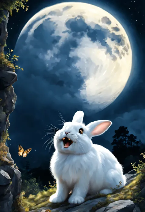 White fluffy rabbit, (((the rabbit has long fangs))), bathed in moonlight, looking at the glowing full moon, side view, he looks up, tiny butterflies dance around him, On the edge of a cliff, wooded hill, A magical night, strange, dreamy, Amazing, perfect ...