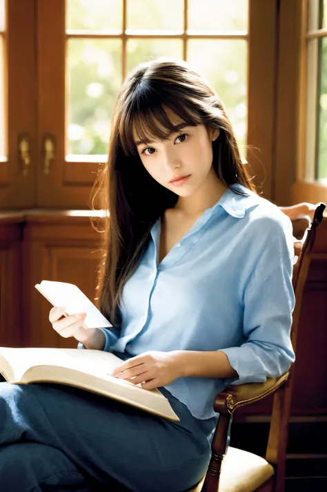 best quality， master piece， ultra high resolution，（Realistic：1.4），1 Half-American and half-Japanese girl，look at the book，reading，sit on a chair，soft light，very detailed，beautiful,intelligence，