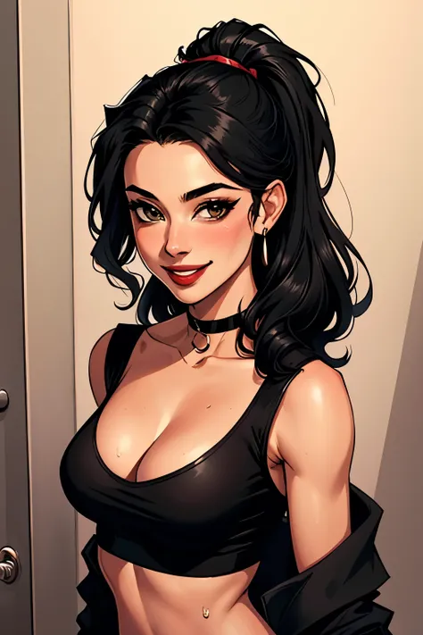 Amazing portrait of a sexy woman wearing her luscious black hair in a ponytail, seductively gazing and smiling, soft lips, parted, blushing intensely, smiling, black crop top, black cargo pants, black short shirt, medium chest, cleavage, perfect body