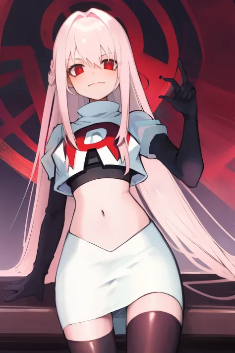 Masterpiece, Detailed, High quality, (absurdist), High Sharpness, High resolution, maiddoll, 1girls, Solo, light pink hair,team rocket,team rocket uniform, red letter R, white skirt,white crop top,black thigh-highs, black elbow gloves,