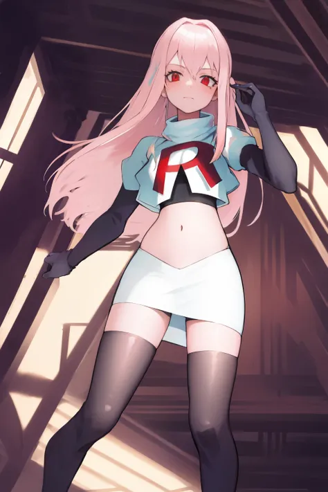 Masterpiece, Detailed, High quality, (absurdist), High Sharpness, High resolution, maiddoll, 1girls, Solo, light pink hair,team rocket,team rocket uniform, red letter R, white skirt,white crop top,black thigh-highs, black elbow gloves,