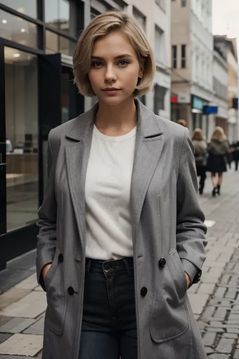 self confident young woman with short blond hair with grey coat