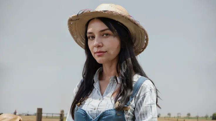 White female farmer with long black hair and streak of silver hair from her hairline down her back, farmer in a red and black checkered long-sleeve shirt and acid wash blue-jean overalls and a straw hat, arms akimbo post, front angle, facing the camera, wa...